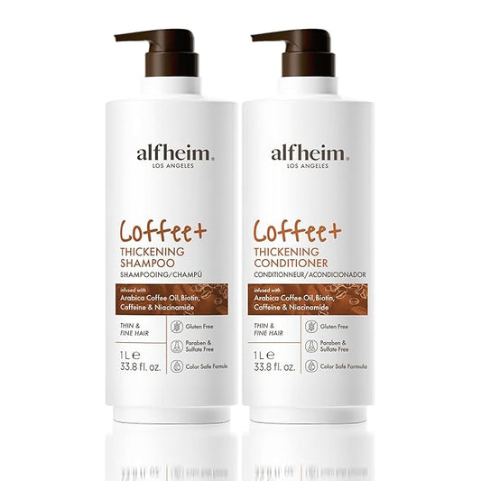 Alfheim Caffeine Infused Shampoo and Conditioner Set | Caffeine, Keratin & Niacinamide | Fortifies Fragile Hair & Control Scalp Balance | Sulfate-Free for Fine & Color Treated Hair | 33.8 Oz Each