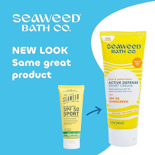 Seaweed Bath Co. Active Defense SPF 50 Sport Broad Spectrum Hybrid Sunscreen Cream, 3.4 Ounce, Sustainably Harvested Seaweed, Aloe, Watermelon