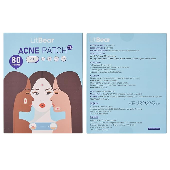 LitBear Large Acne Pimple Patches, 5 Sizes 80 Patches for Large Breakouts, Acne Patches for Face, Chin or Body, Acne Spot Patch with Tea Tree & Calendula Oil, Hydrocolloid Bandages for Acne Skin