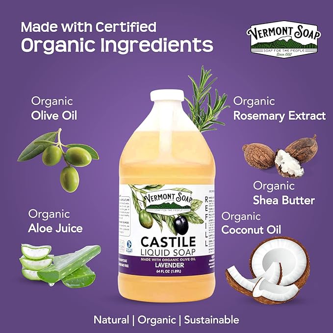 Vermont Castile Soap Lavender, Gentle Liquid Soap for Sensitive Skin & Natural Body Wash, Organic Hair Shampoo for Oily Hair, Aloe Castile Soap for Men & Women - 64 Oz