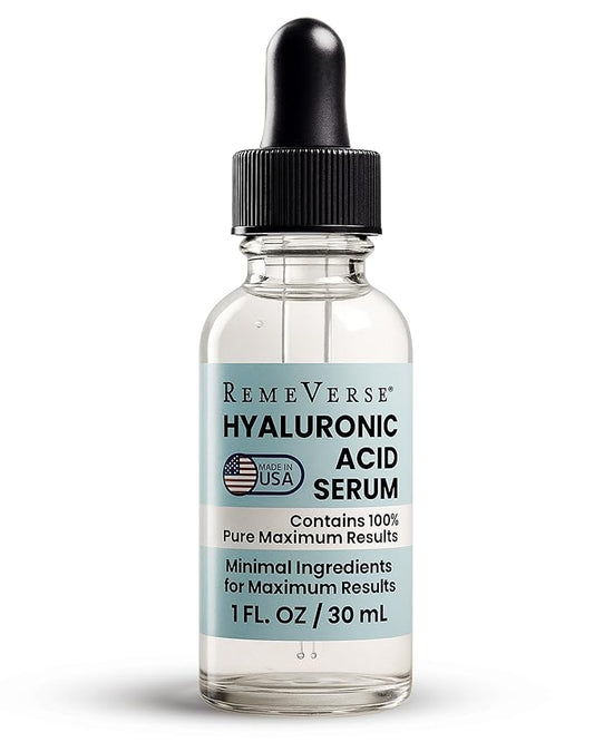 RemeVerse Hyaluronic Acid Serum - 100% Pure Formulation for Face, Lips & Décolleté - Intense Moisture for Dry Skin & Fine Lines - Wrinkle-Reducing Formula for a Youthful & Plump Appearance, 1 oz