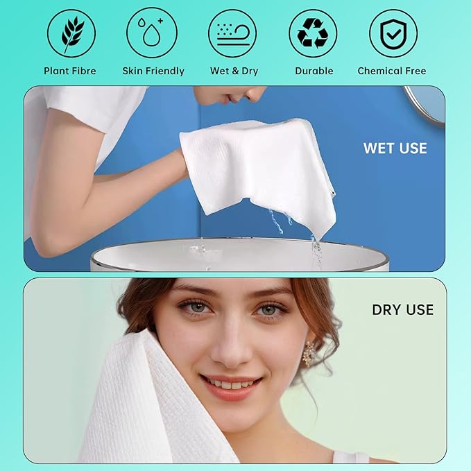 ONLYCARE Disposable Face Towel, Biodegradable Face Towels, 10" x 12" Super Thick Soft Facial Towels, 15 Count Face Towelettes Disposable for Sensitive Skin, Makeup Remover Dry Wipes, 1 Pack