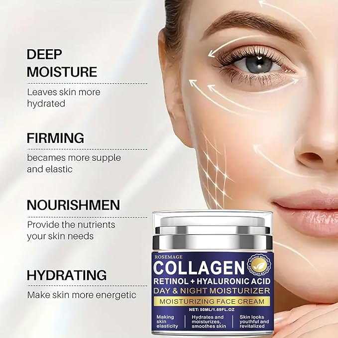 Rosemage Collagen Retinol Face Cream with Hyaluronic Acid, Day and Night Moisturizer for Anti-Aging, Hydrating Face Cream, 1.69 Fl Oz