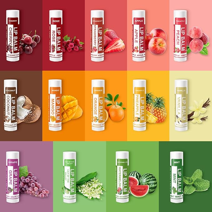 Yopela 28 Pack Natural Lip Balm Bulk with Vitamin E and Coconut Oil - Moisturizing, Soothing, and Repairing Dry and Chapped Lips Valentine's Gift - 14 Flavors - Non-GMO