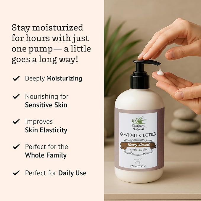 Southern Natural Goat Milk Lotion – Nourishing Face, Body & Hand Moisturizer for Dry & Sensitive Skin - Hydrating Cream, Gentle Skincare for Soft & Smooth Feel - Honey Almond Scent - 12oz