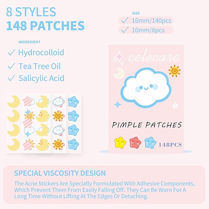 Pimple Patches,Pimple Patches for Face,Hydrocolloid Acne Patches, Pimple Patch Cute, Salicylic Acid &Tea Tree Oil,8 Unique Acne Patch Designs,148 Count