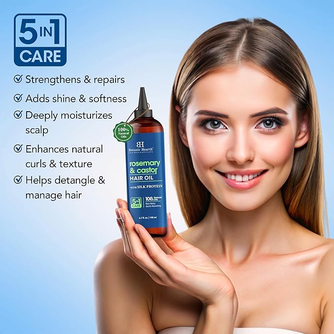 Botanic Hearth Rosemary & Castor Hair Oil (6.7 Fl Oz) |Nourishing And Strengthening Hair Treatment For Thicker, Healthier|Looking Hair | Paraben Free | Suitable For All Hair Types