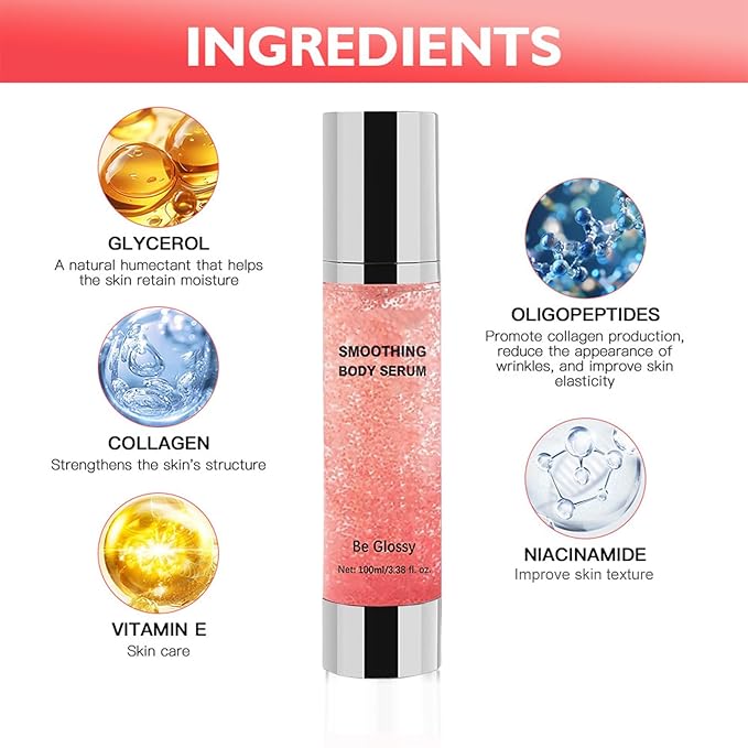 Be Glossy Body Serum for Wrinkles, Crepey Skin Cream for Aging Skin Infused with Hyaluronic Acid, Collagen and Vitamin E, Anti-Aging & Firming Body Lotion for Tighten Nourishing Skin 100ML/3.38 Fl Oz