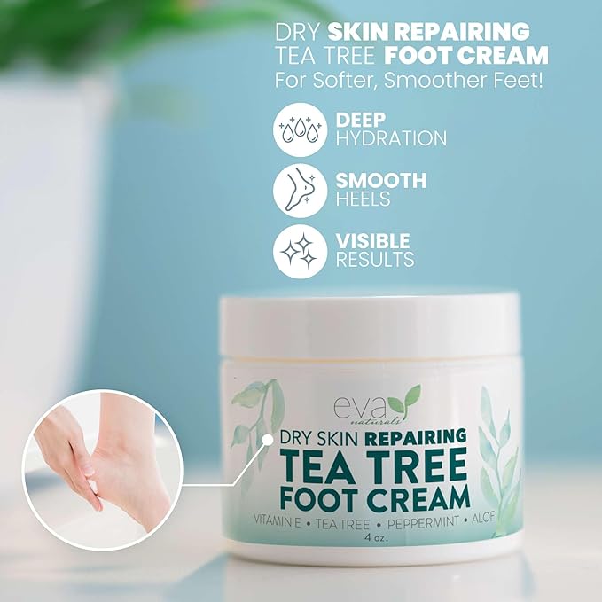 Eva Naturals Tea Tree Foot Cream – Moisturising Foot Lotion & Balm for Dry, Cracked Heels & Feet with Peppermint, Menthol, Spearmint, Aloe, Sunflower Oil & Geranium – Cream for Men & Women, 4 Fl Oz
