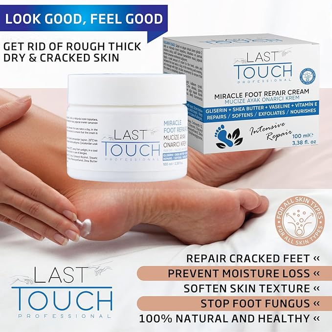 LAST TOUCH Miracle Cracked Repair Foot Care Cream - Foot Cream Dry Cracked Heels - Guaranteed Relief Worn, Cracked, Dry, Callused Feet - Athletes Foot Cream - Soft Smooth Feet 3.38 Fl Oz