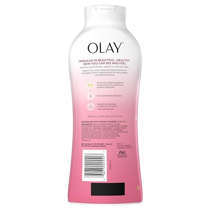 Olay Body Wash for Women, Hydrating & Moisturizing, Holiday Edition, With Plant Based Cleansers, B3 Complex, For All Skin Types, Champagne Blush with Berries Sugared Rim & Rose Petals Scent, 22 fl oz