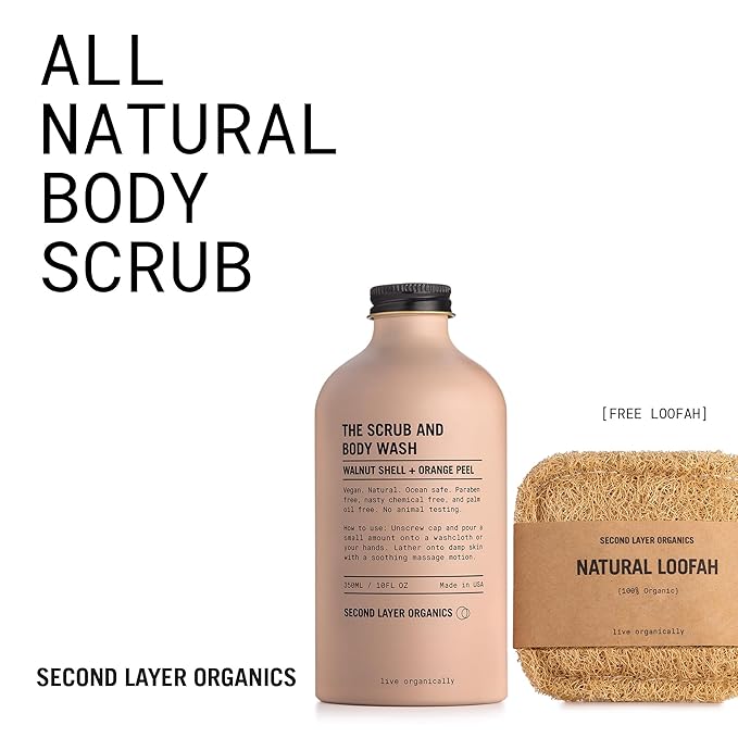 All Natural Body Scrub 10oz - Body Exfoliator with Walnut Shells and Orange Peel - Nourishing Cleanser & Body Scrub - Clean Beauty - Vegan Body Care - Organic Loofa Included