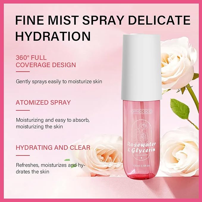 Rosewater Facial Mist 3.5fl oz, Hydrating Toner with Hyaluronic Acid & Damask Rose Oil, Purified Water, Glycerin, for All Skin Types, Sensitive Skin