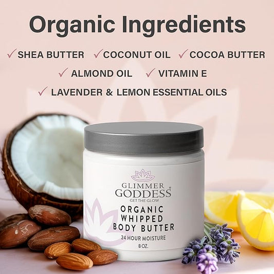 Glimmer Goddess Organic Whipped Body Butter for Women - Moisturizer Cream with Shea & Cocoa Butter, Almonds & Coconut Oil - Morrocan Mint, 8oz
