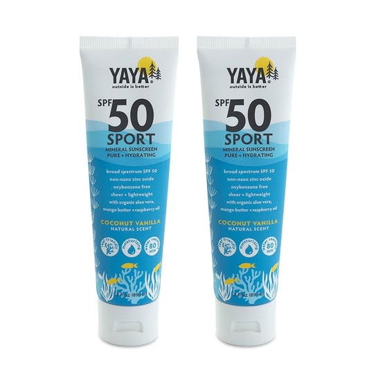 YAYA ORGANICS Sport Mineral Sunscreen Lotion, SPF 50, Reef-Friendly, Non-Nano Zinc Oxide, Water-Resistant, Pure + Hydrating, 3 oz, 2-pack