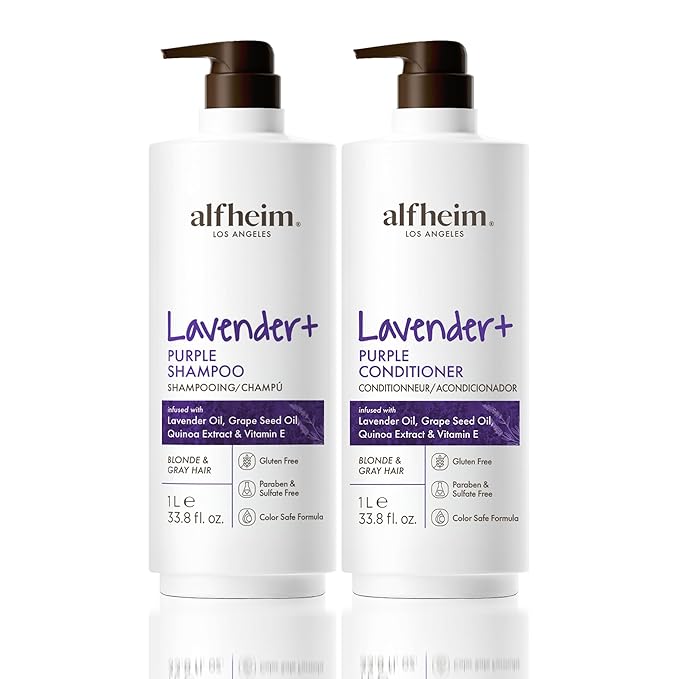 Alfheim Lavender+ Purple Shampoo & Conditioner Set | Neutralize Brassiness & Enhance Cool Tone for Platinum, Silver ＆ Blonde Hair | Anti Brass While Hydrating | Paraben-Free, Color-Safe | 33.8 oz Each