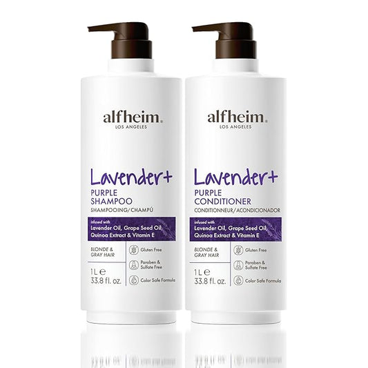 Alfheim Lavender+ Purple Shampoo & Conditioner Set | Neutralize Brassiness & Enhance Cool Tone for Platinum, Silver ＆ Blonde Hair | Anti Brass While Hydrating | Paraben-Free, Color-Safe | 33.8 oz Each