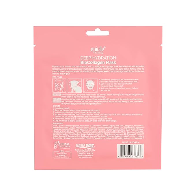Epielle Deep Hydration BioCollagen Mask 3 Count, Overnight Hydrogel Facial Mask with 500DA Ultra-Low Molecular Collagen, Hyaluronic Acid & Galactomyces Ferment Filtrate, Korean Skin Care