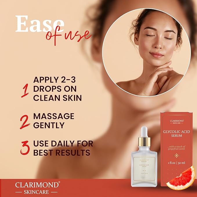 CLARIMOND Glycolic Acid Serum | Gentle 10% Exfoliating AHA | Aloe Vera & Botanical Extracts | Hyaluronic Acid | Lightweight Hydration | 1 fl oz