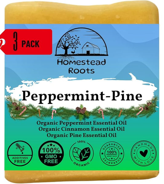 -Peppermint-Pine- Grass-Fed Beef Tallow and Organic Oils - Scented with Organic Essential Oils - Artisanal Bar Soap - 3 Pack - Each Bar Unique-