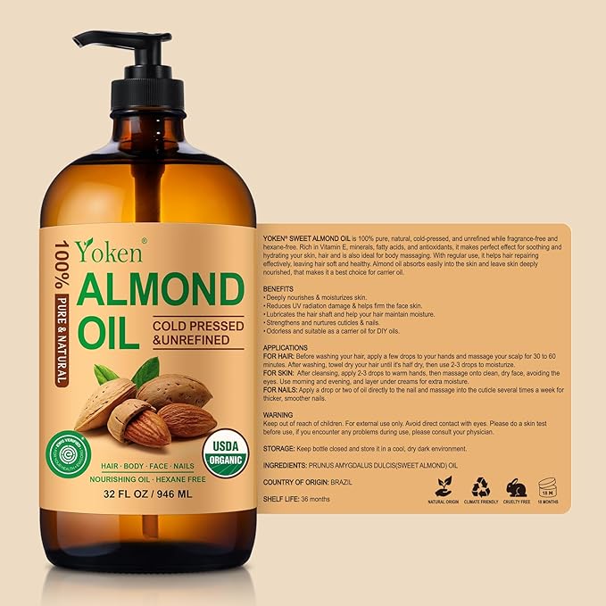 Yoken Organic Almond Oil 32 fl oz 100% USDA Pure Cold Pressed Glass Bottle Almond Oils for Skin, Hair, Face, Body Moisturizer, Smooth and Soft Skin, Base Carrier Oil for DIY, Massage