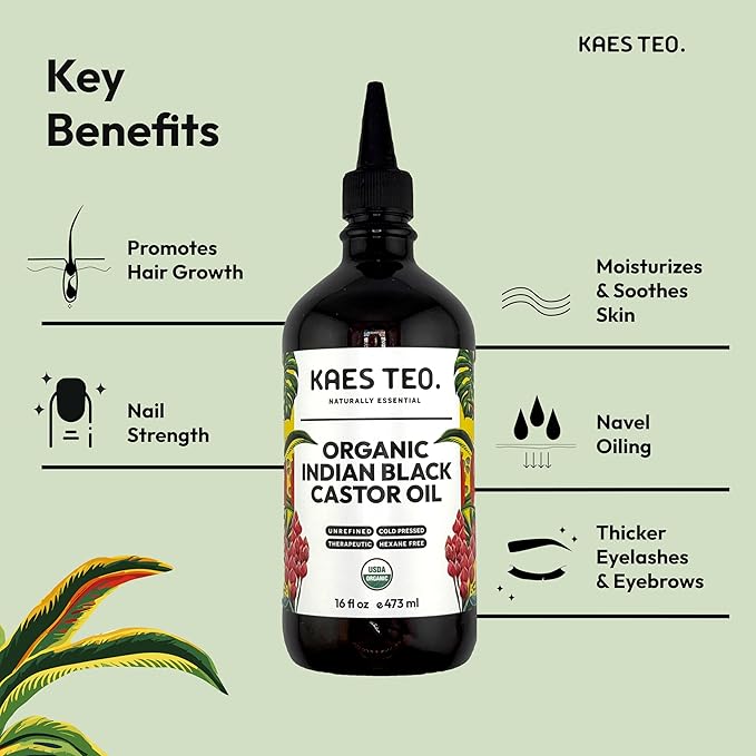 Organic Black Castor Oil for Hair Growth 16 fl oz - Not Jamaican Black Castor Oil, 100% Pure, Cold Pressed Hexane Free - USDA Certified, Skin, Nail, Scalp, Thicker Eyebrows & Eyelashes