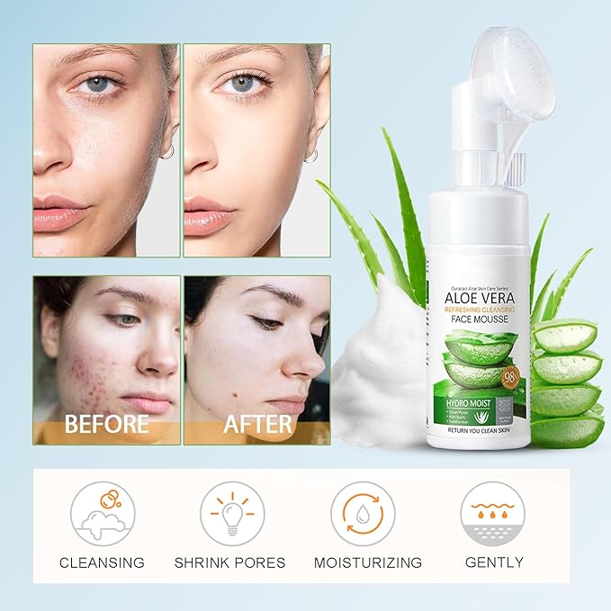Aloe Vera Foaming Face Wash - Organic Facial Cleanser with Silicone Brush, Natural Face Wash for Women/Girls Clean Oil & Makeup, Soothing Skin, Foaming Cleanser Hydration for Sensitive Skin