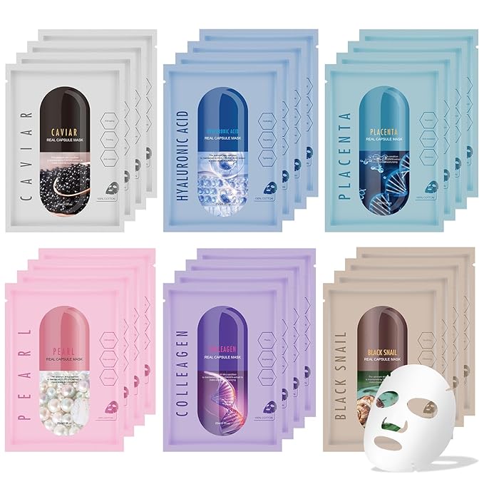 Face Masks Skincare Set for Girl,Moisturizing Collagen Facial Masks for Women Home Spa,Hyaluronic Acid Face Mask for All Skin Types,Day Night Facial Mask Hydrating,Deep Cleaning,Oil Contral(24Pack)