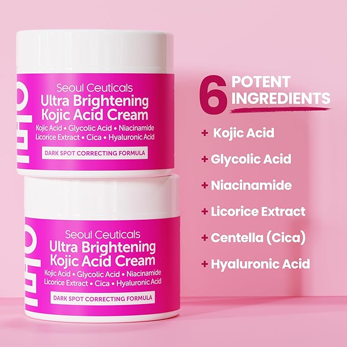 SeoulCeuticals Korean Kojic Acid Cream Dark Spot Remover + Glycolic Acid + Niacinamide + Cica + HA Moisturizer - Cruelty Free K Beauty Skincare 2oz