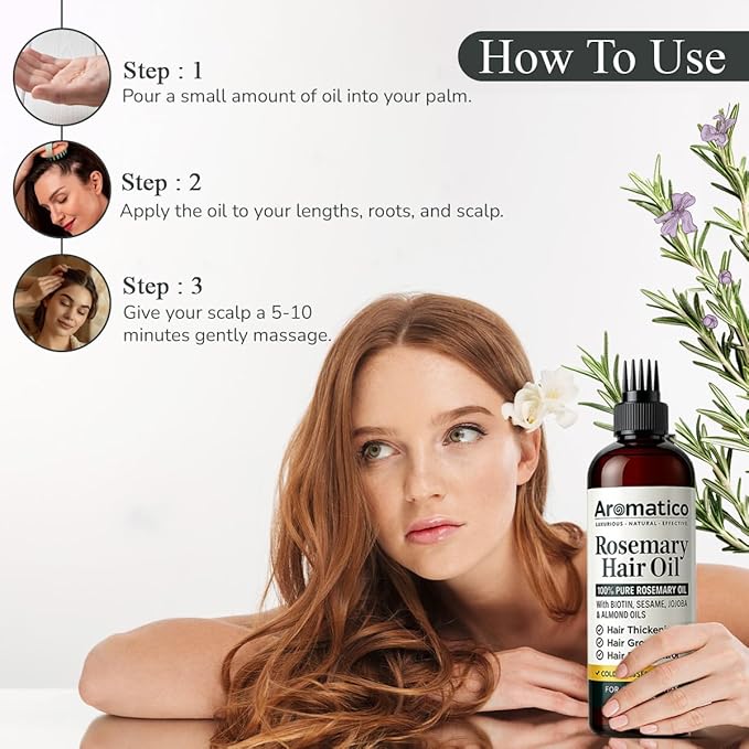 100% Pure Rosemary Oil for Hair Growth, Hair-fall Control & Hair Thickening. Enriched with Sesame, Jojoba & Almond Oils. Non-Sticky Texture. With Applicator Cap - 7 Fl Oz