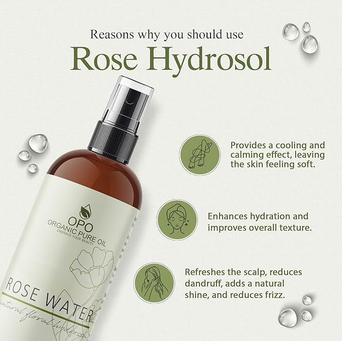 8oz Rose Hydrosol Water - 100% Pure Rose Hydrosol Cleanser - Hydrating Facial Toner Rose Water for Skin Face and Hair, Linen for Sheets, Room Freshener, Body Fragrance by Organic Pure Oil