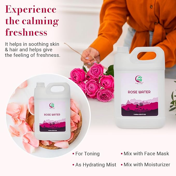 100% Pure Rose Water 1 Gallon (128 fl oz) | for Face & Hair | Alcohol Free & Artificial Coloring Free | by Yogi's Gift®