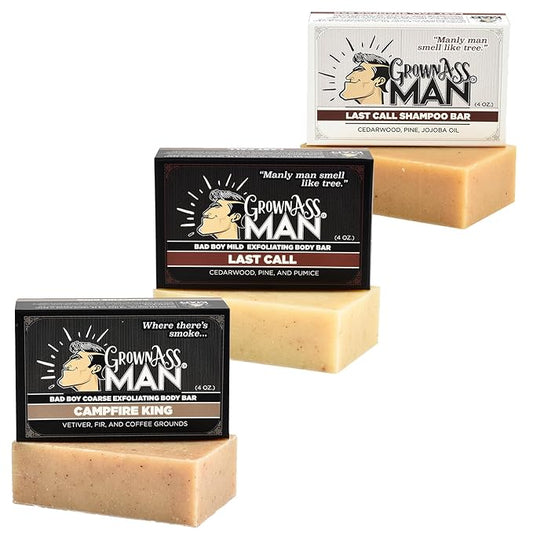 Grown Ass Man Co. Combo Packs - Solid Soap & Shampoo Bars Rich Lather with Natural Oils & Gentle Scrub for Men - Plastic Free & Eco-Friendly, Natural & Organic Deep Clean, 4oz Bars (Woodsman 3-Pack)