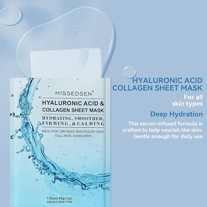 Collagen Face Mask with Hyaluronic Acid, Vitamin E Oil for Skin Care Hydrating, Moisturizing, Brightening & Anti Aging Face Masks Skincare for Oil, Dry, Acne, Sensitive All Skin Types 5PCS