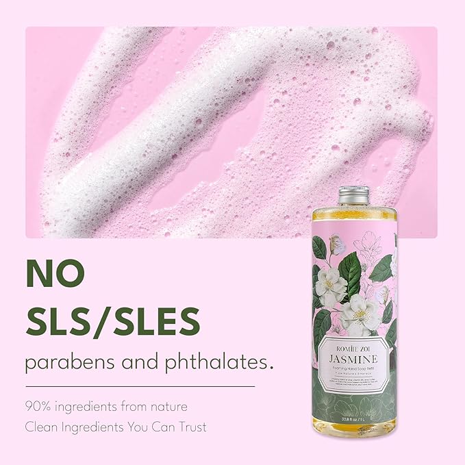 Natural Jasmine Foaming Hand Soap Refills 3-Pack (33.8 Fl Oz Each) with Dispenser - Plant-Based, Non-Toxic, Large Volume for Kitchen, Bathroom - Great Value Gift Set for Housewarming