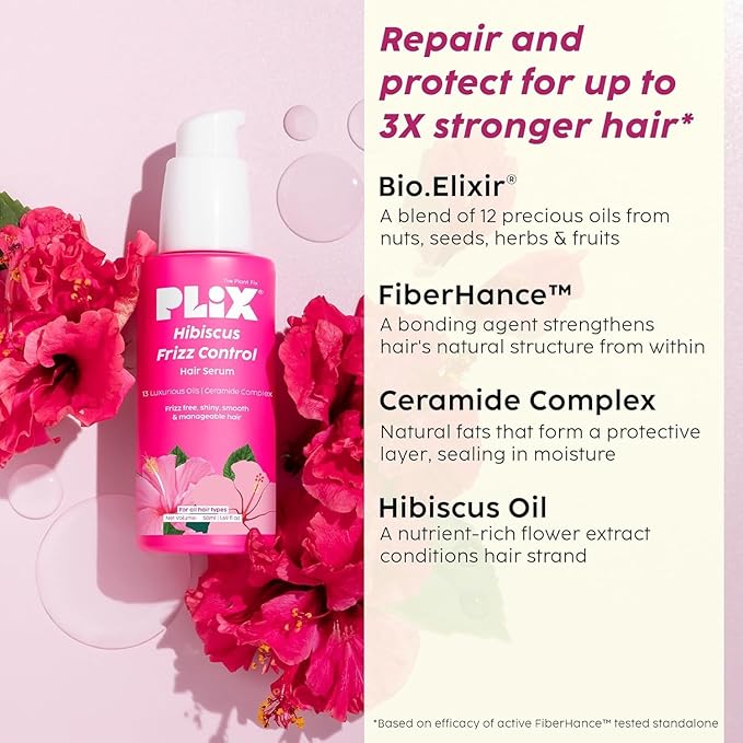 PLI.X - THE PLANT FIX Hibiscus Frizz Control Hair Serum 50ml + Bond Repair Shampoo 200ml + Conditioner 175ml | Protects & Smoothes Frizzy Hair| 3x Strength with Fiberhance
