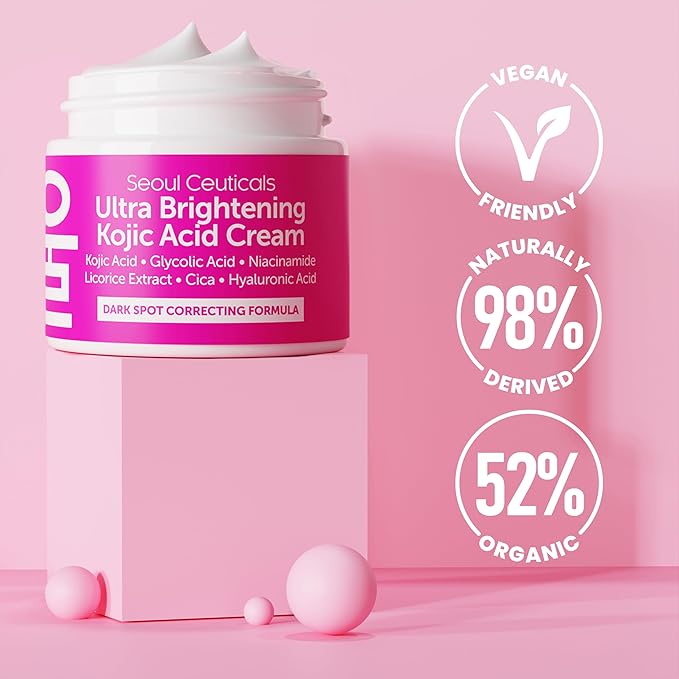 SeoulCeuticals Korean Kojic Acid Cream Dark Spot Remover + Glycolic Acid + Niacinamide + Cica + HA Moisturizer - Cruelty Free K Beauty Skincare 2oz