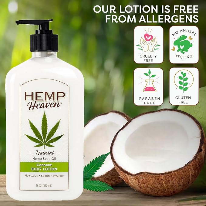 Hemp Heaven Lotion - Moisturizing Body Lotion with Natural Hemp Seed Oil & Coconut Bliss Scent, 18 oz, Paraben-Free Hemp Lotion for Women & Men, Made in USA, Soothes & Nourishes