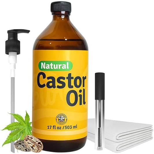 Organic Castor Oil (17 oz) Glass Bottle-100% Pure, Cold-Pressed, Hexane-Free, with 2 Resuable Organic Cotton Flannel Pack Wraps and Mascara Container for Skin, Hair, Eyelash's Eyebrow's & Body