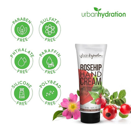 Urban Hydration Rosehip Hand Cream – With Coconut Oil & Vitamin E – Brightens Skin, Deeply Hydrates – Non-Greasy Formula – Ideal for Dry & Sensitive Skin – 4 FL Oz