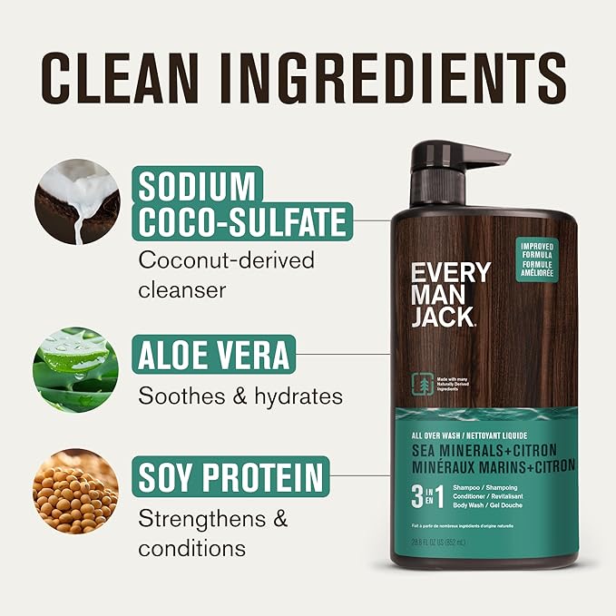 Every Man Jack Sea Minerals + Citron Hydrating Mens 3-in-1 All Over Wash for All Skin and Hair Types - Body Wash, Shampoo and Conditioner with Naturally Derived Ingredients - 28.8oz (2 Pack)