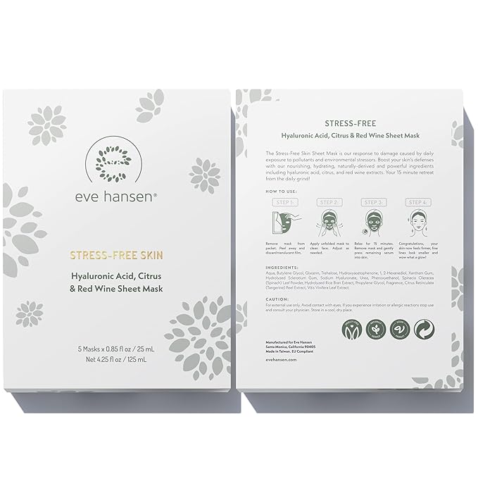 Eve Hansen Collagen Face Mask Sheets Set of 5 – Hydrating & Nourishing Care for All Skin Types – With Hyaluronic Acid, Tangerine Peel, Blueberry Extract & Spinach Leaf
