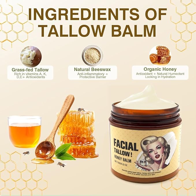 Beef Tallow for Skin,Tallow and Honey Balm,Tallow Face Moisturizer Beef Tallow for Face,Grass Fed Grass Finished Organic Faces Cream,Moisturizer,Body Lotion,Skin Care,Body Cream(1PC)
