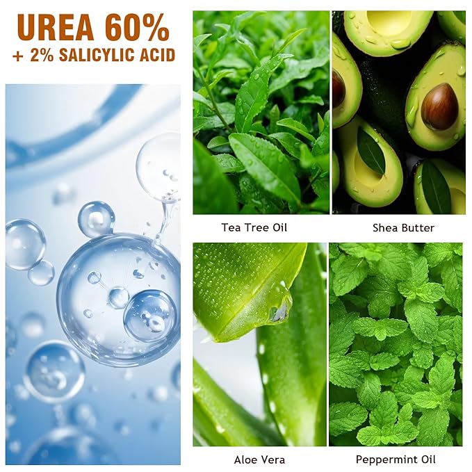 60% Urea Foot Cream with 2% Salicylic Acid for Dry Cracked Heels, Organic Tea Tree Feet Callus Repair Lotion, Maximum Strength Moisturizer with Hyaluronic Acid & Ceramides for Dry, Rough Skin