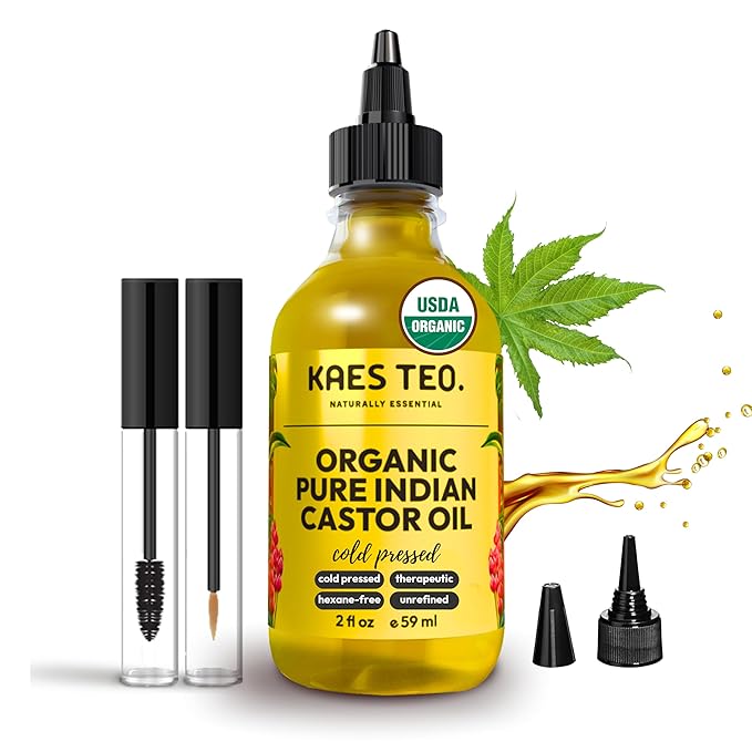 Organic Castor Oil 100% Pure Cold Pressed 2 Fl Oz Extra Virgin Unrefined Hexane Free - USDA Certified Organic, Golden Castor oil for Face, Skin, Hair, Eyebrows - Boost Hair Growth