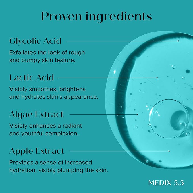 MEDIX 10% Glycolic Acid + Lactic Acid Leave-On Exfoliating Skin Care Body Gel | AHA Exfoliant Body & Face Serum Refines + Softens Dry Dead Skin, Uneven Skin Tone, KP Bumps, & Wrinkles, 1.7 Fl Oz
