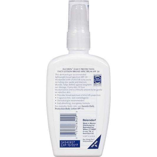 Eucerin Daily Protection Face Lotion with Broad Spectrum SPF 30 Sunscreen, Face Sunscreen Moisturizes and Helps Protect Sensitive, Dry Skin, Fragrance Free, 4 Fl Oz (Packaging May Vary)
