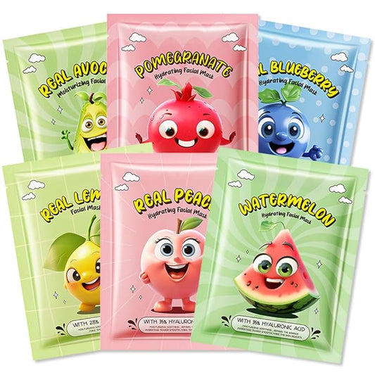Kaely 6 Pack Fruit Face Masks for Kids, Kids Face Mask Spa Day Kit Supplies, Spa Party Favors for Teens Girls Women, Sheet Facial Mask Skincare Gifts Set, Moisturize Soothe for All Skin Types, 03