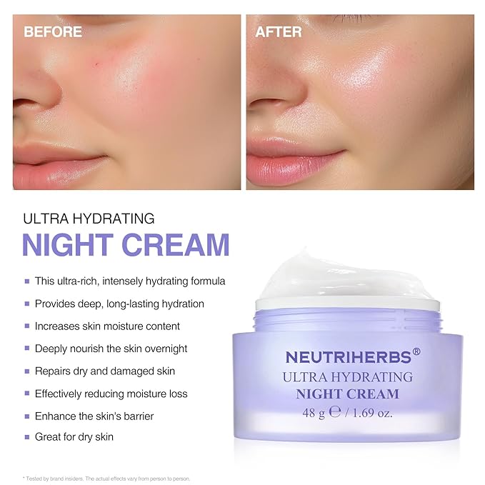Neutriherbs Ultra Hydrating Night Cream, Face Moisturizer with Jojoba Oil, Ceramide, Squalane, Overnight Face Cream for Dry,Dehydrated Skin,Deep Nourish Hydrated Skin - 1.69oz