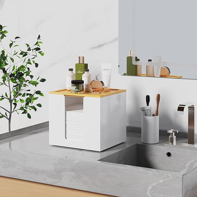 VITVITI Disposable Face Towel Holder Containers, Metal Iron Facial Clean Towels Box for XL Clean Skin Club, Large Capacity With Bamboo Lid for Bathroom, White